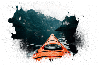 Orange canoe on lake surrounding with mountain at daytime