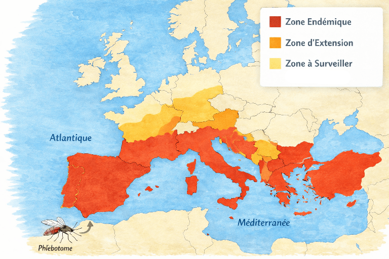 Carte d'Europe de l'extension de la Leishmaniose